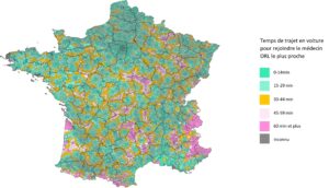 Carte du temps de trajet en voiture pour rejoindre le médecin ORL le plus proche. Source : Etude Veltys pour le Synea et le Synam