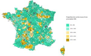 Carte des primo prescriptions des aides auditives par les généralistes (Source étude Veltys pour le Synea et le Synam)